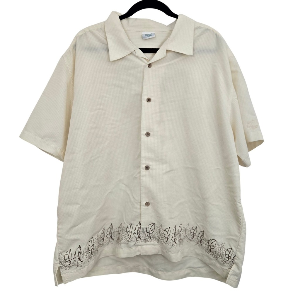 Vintage Rainforest Cafe Shirt Mens XL‎ Beige Embroidered Seersucker Rayon Blend